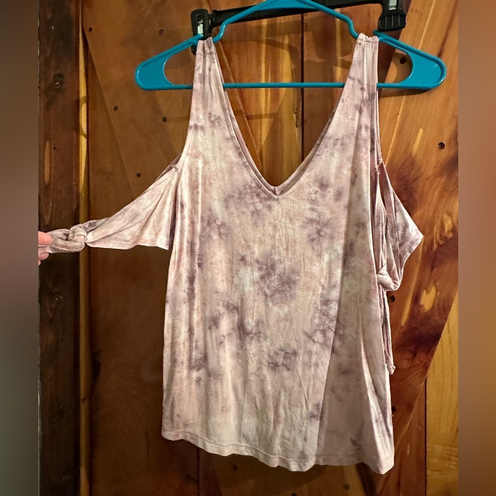 American Eagle Soft & Sexy Flowy Pink and Purple Off the Shoulder Shirt